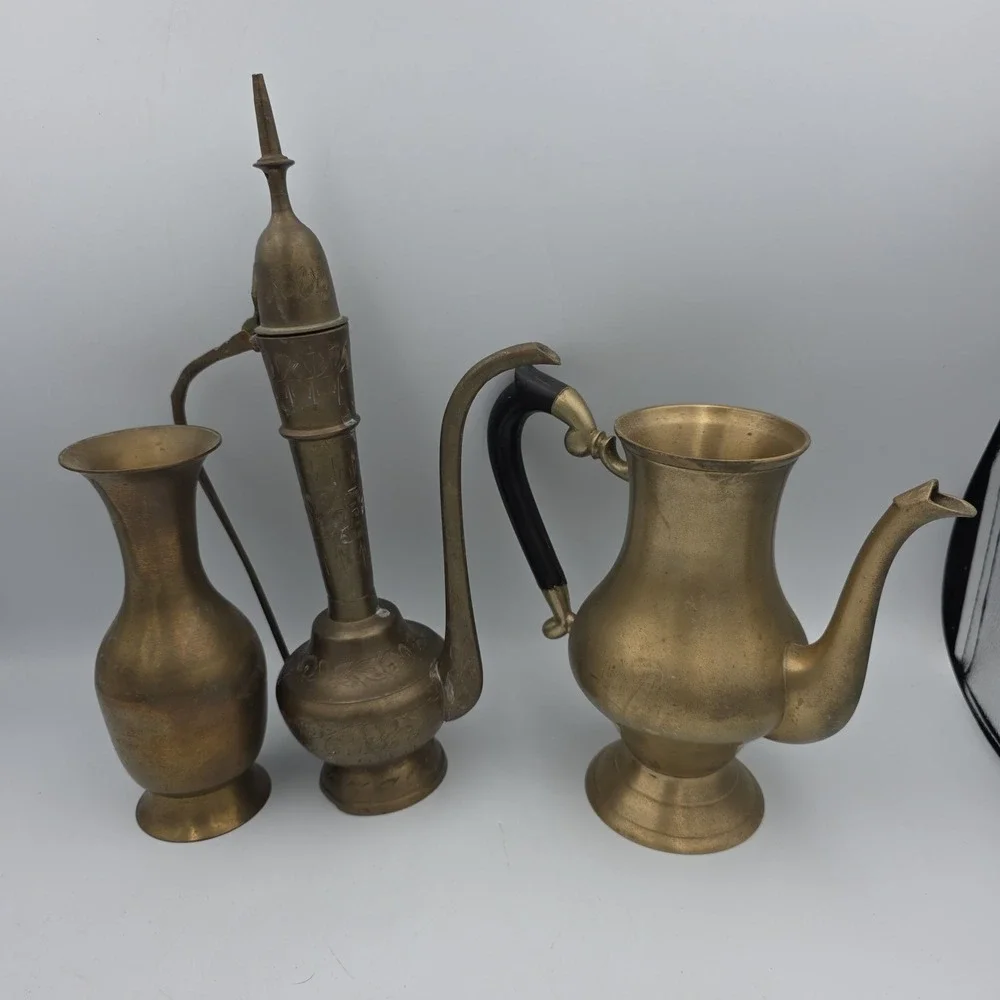 Vintage Ornate Solid Brass Etched Pitcher Made in India Lot Of 3